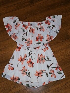 Vogue Romper White Floral Off-Shoulder with Coral Flowers